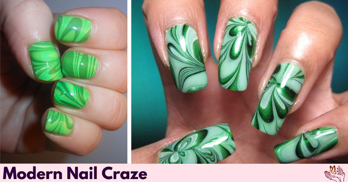 Water marble green fall nail art with flowing swirls