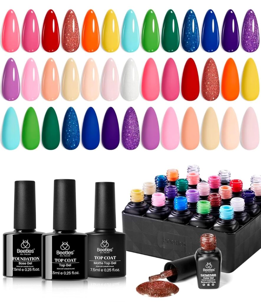Beetles 23-piece pastel gel nail polish set featuring soft rainbow tones, base coat, and top coat – perfect for creating ombré and mismatched short nail designs.