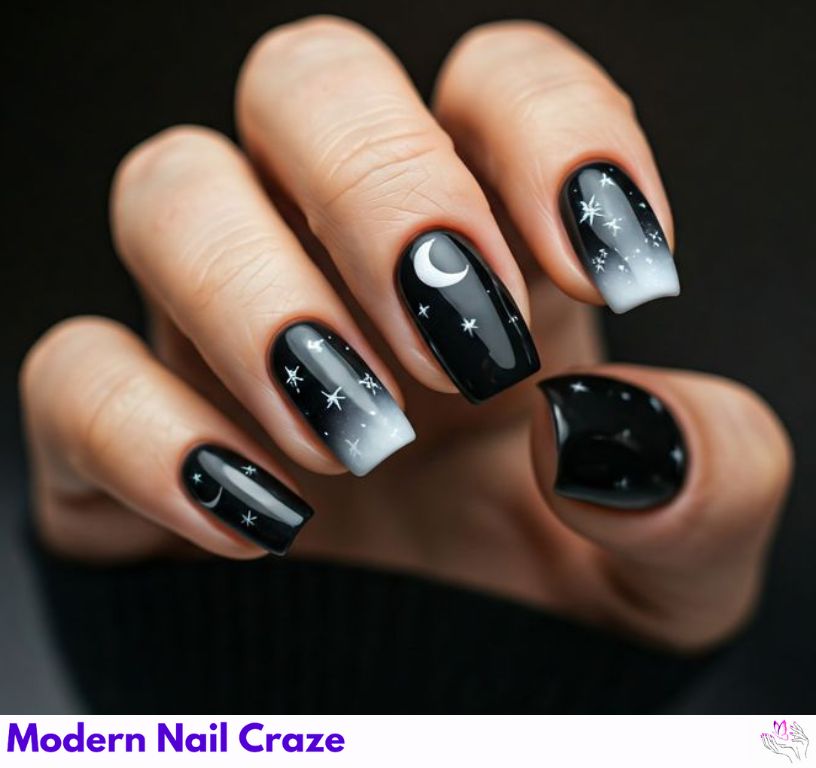 Celestial-inspired matte black nails with design and gold.