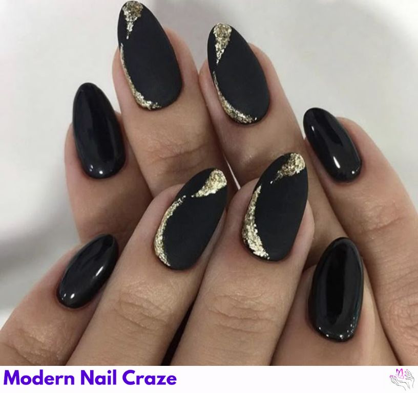Unique matte black nails with design with color arcs.