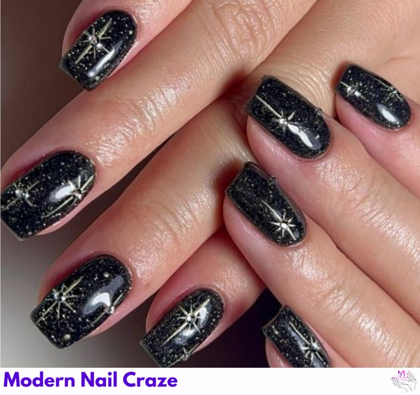 Holographic star matte black nails with design trend.