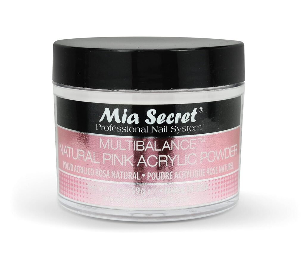 Mia Secret professional-grade natural pink acrylic powder in a 2 oz jar – smooth application and long-lasting finish for base layers on short acrylic nails.