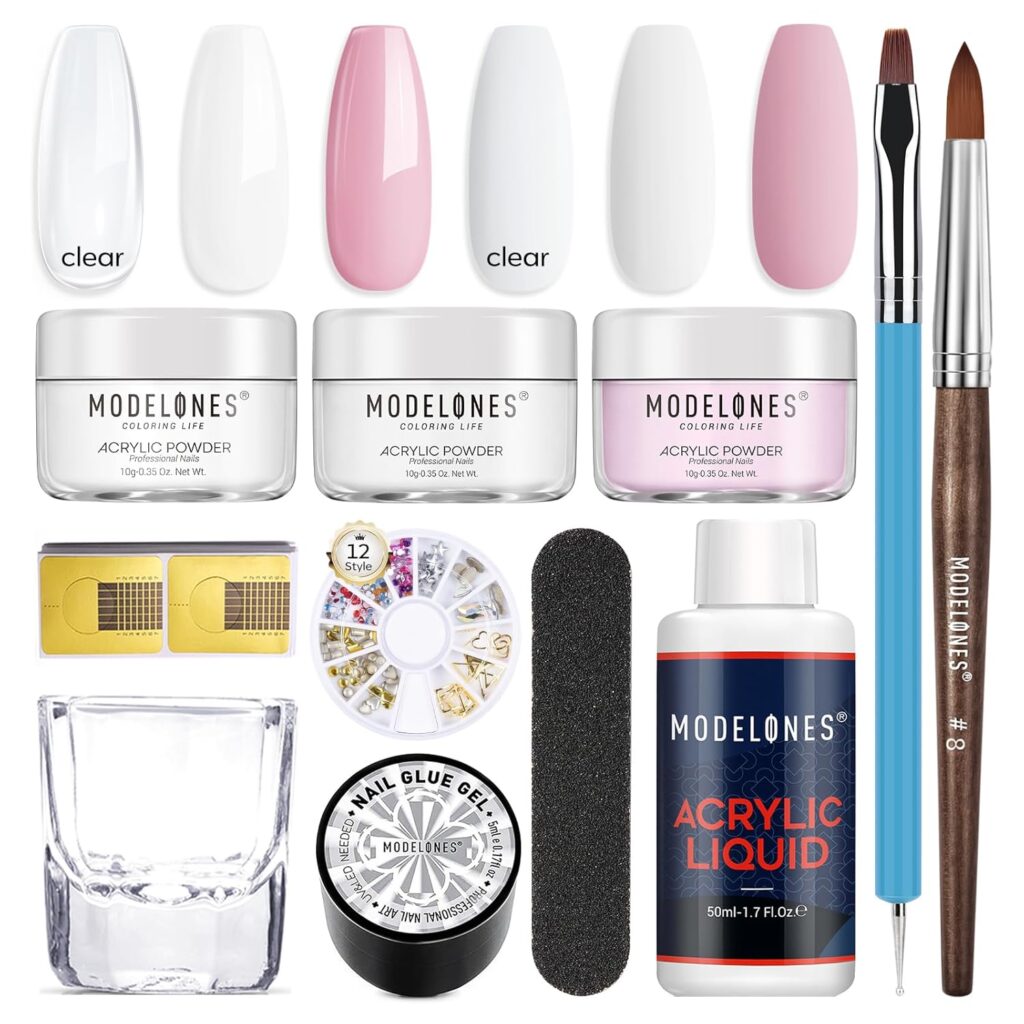 Complete Modelones Acrylic Nail Kit including monomer, acrylic powder, nail tips, brush, and nail file – ideal for at-home short acrylic nail application.