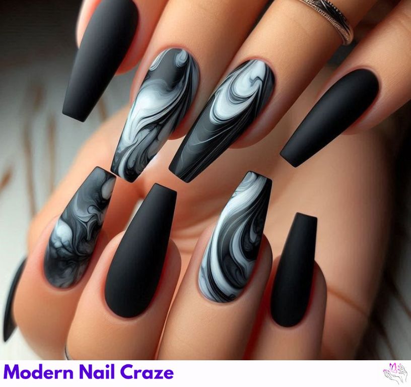 Edgy matte black nails with design with a smoky finish.