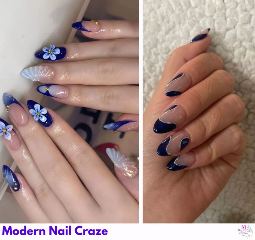Trendy navy blue nails with floral and abstract patterns.