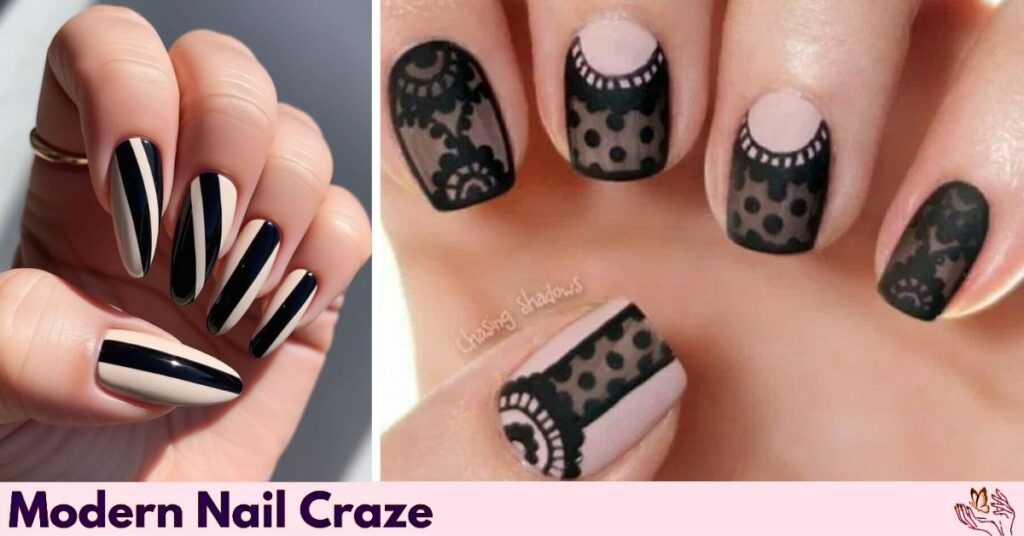 Black and Cream Cableknit Nails