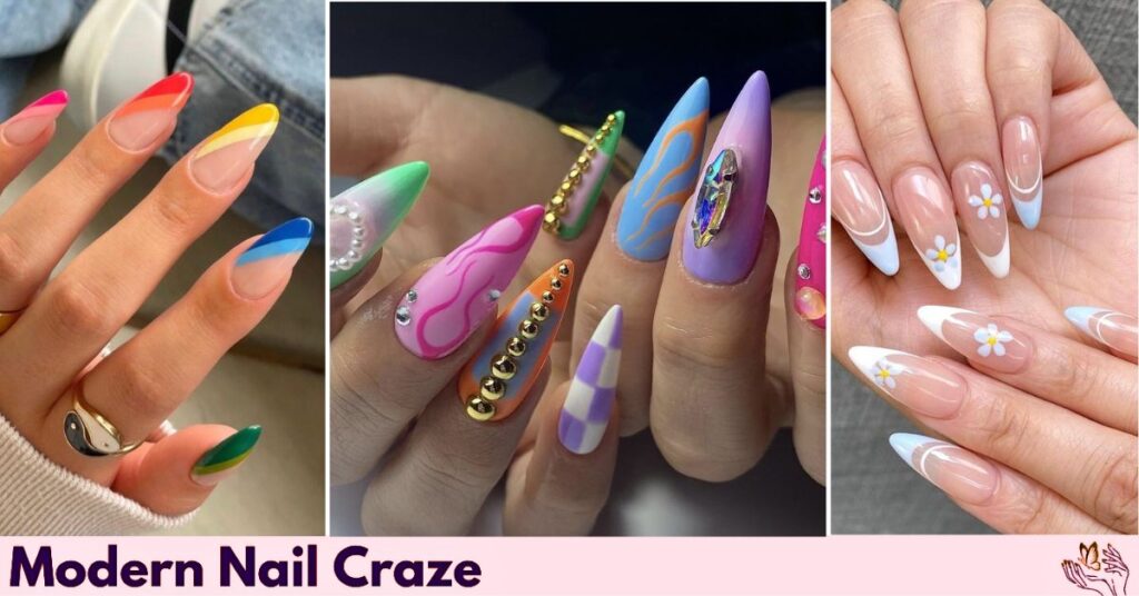 Close-up of colorful French Skittle nails in pastel and neon tones, perfect for 2025 trends.