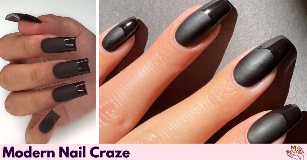 Glossy Tip on Matte Black Nails for a Subtle Twist