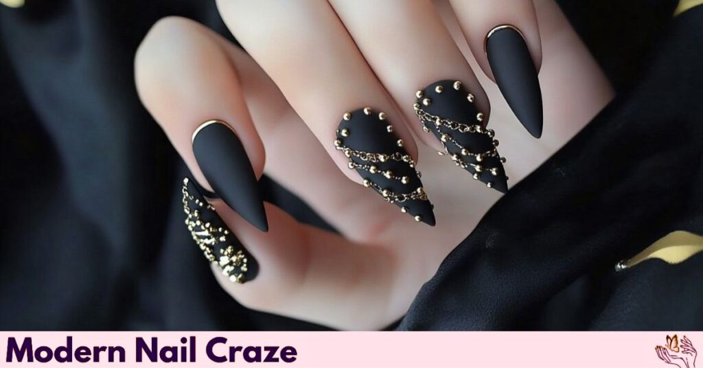 Matte Black Nails with 3D Embellishments