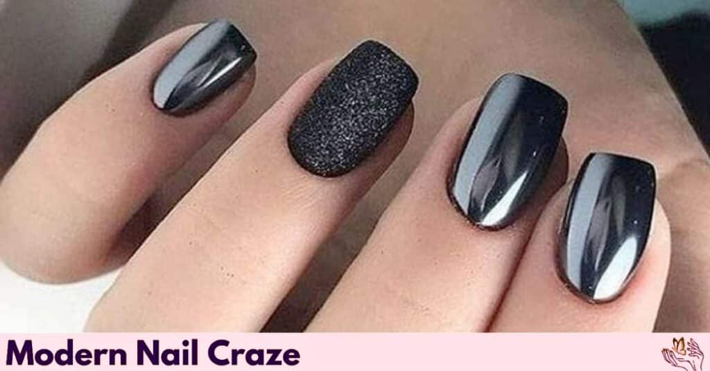 Matte Black Nails with Chrome Accents