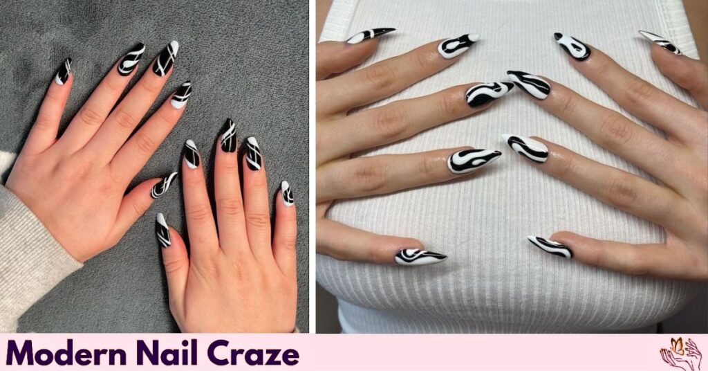 Neutral Mani with Matte Black Swirls