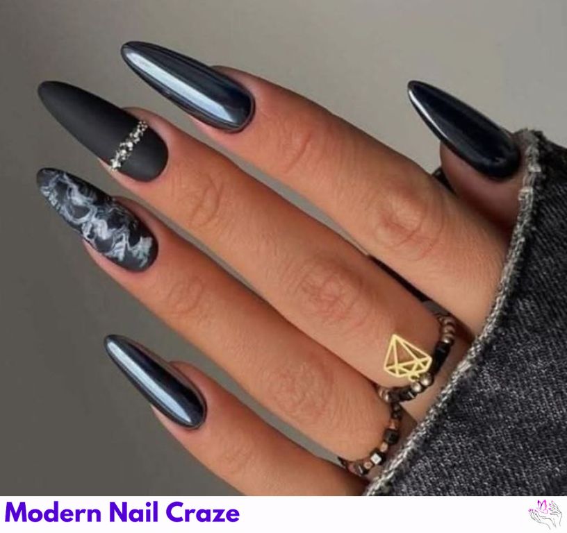Black velvet nails with silver chrome French tips