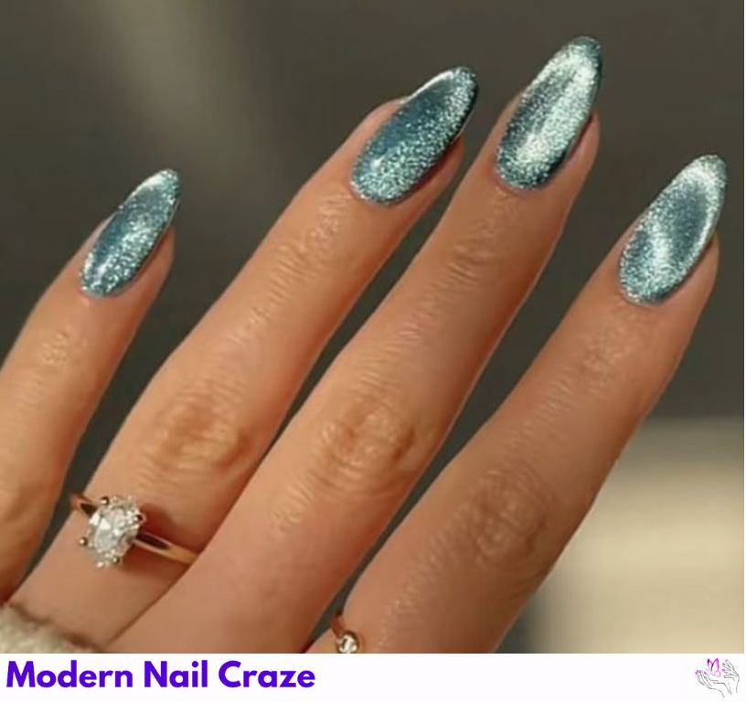 Velvet cat eye nails with sharp diagonal glow line
