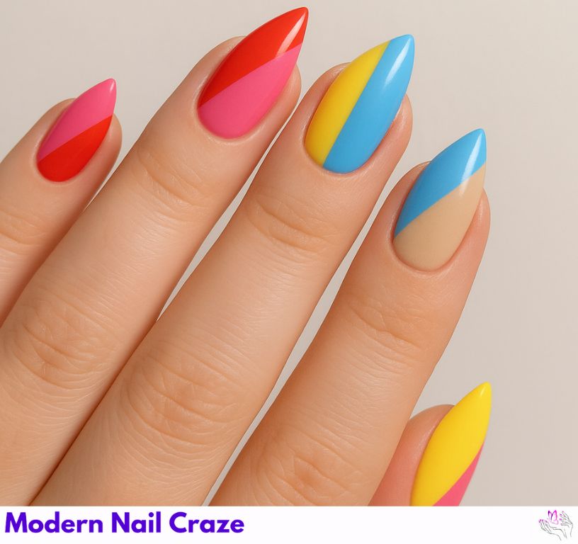 Bold colorblock patterns on short stiletto nails for a graphic look.