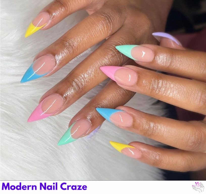 Bright neon short stiletto nails for summer festivals and beach vacations.