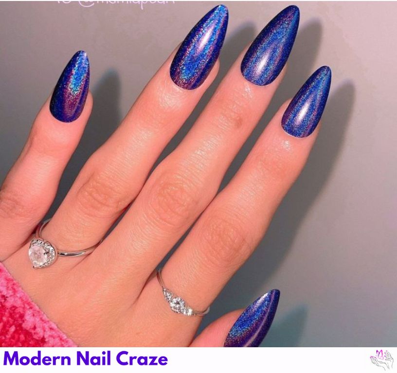 Velvet nails glowing in rainbow holographic light