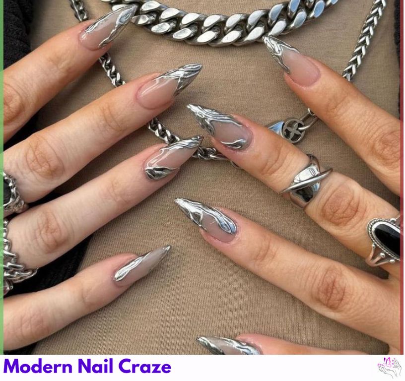 Metallic short stilettos with edgy gold, silver, and holographic designs.