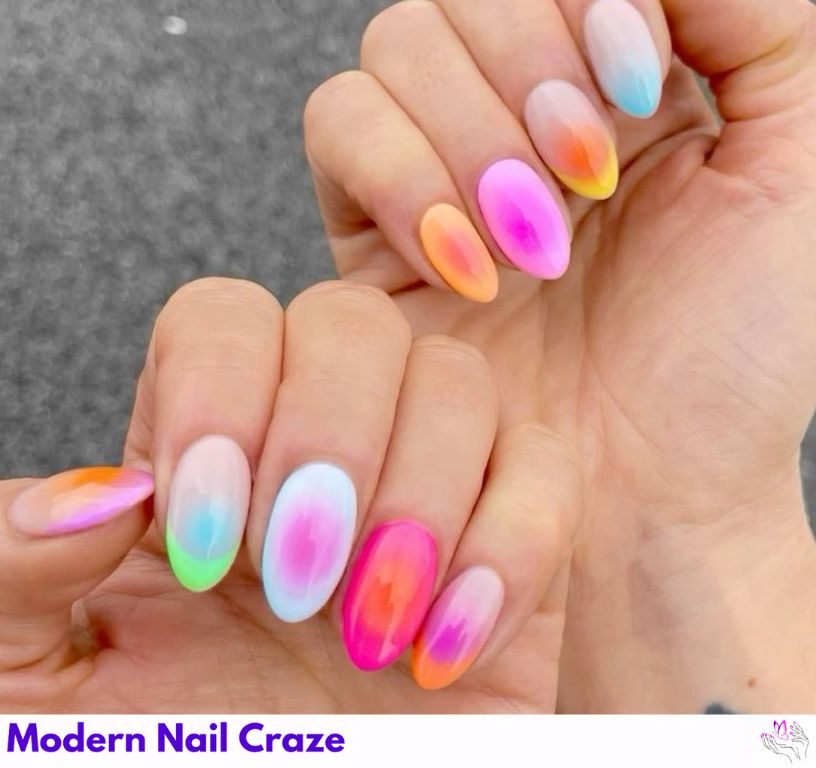 Multicolor aura nails with different glow on each nail