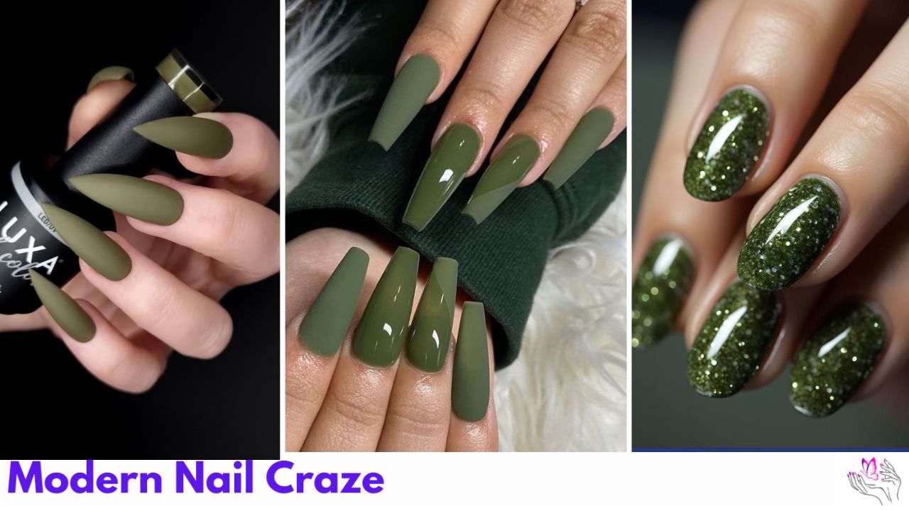 Unique Olive Green Nails in soft earthy tones 