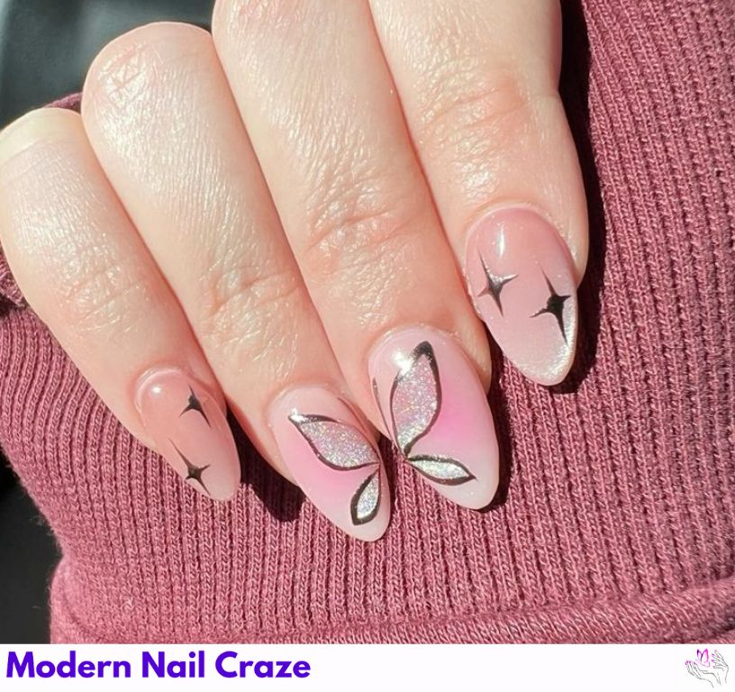 Velvet nails with tiny butterfly nail stickers