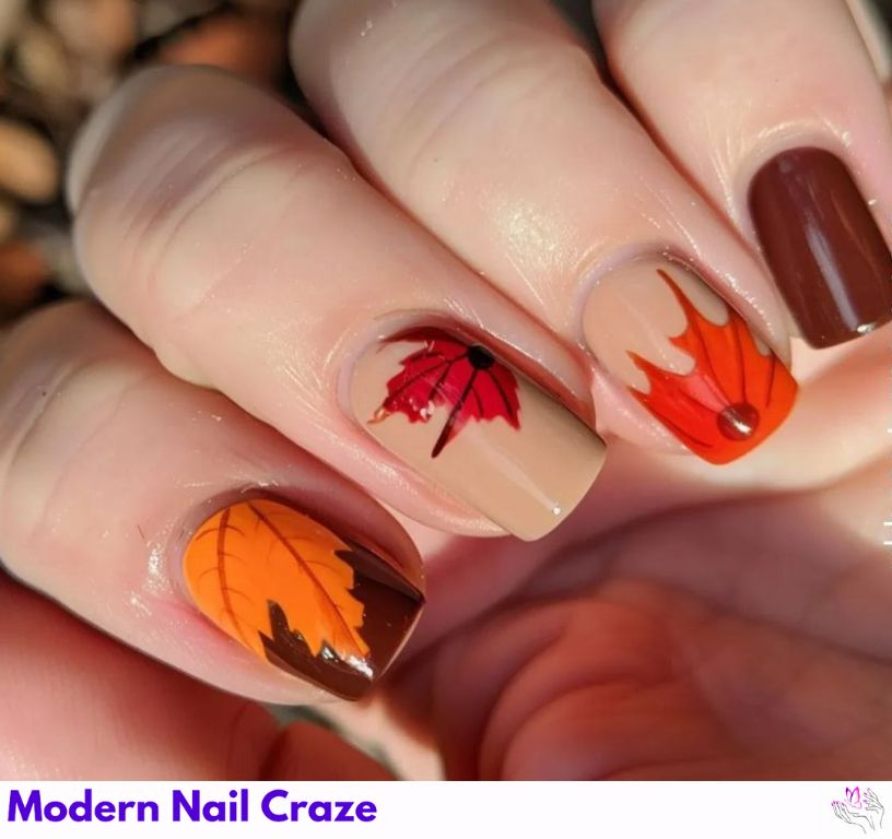 Nails decorated with red, orange, and gold foil leaves for a festive Thanksgiving look.