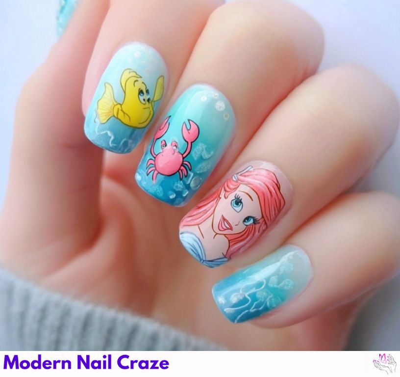 Beach-Inspired Marine Art: Coral nails with beach shells and ocean creatures.