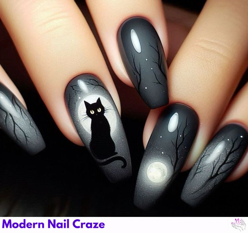 Spooky black cat nail art on matte Halloween nails.