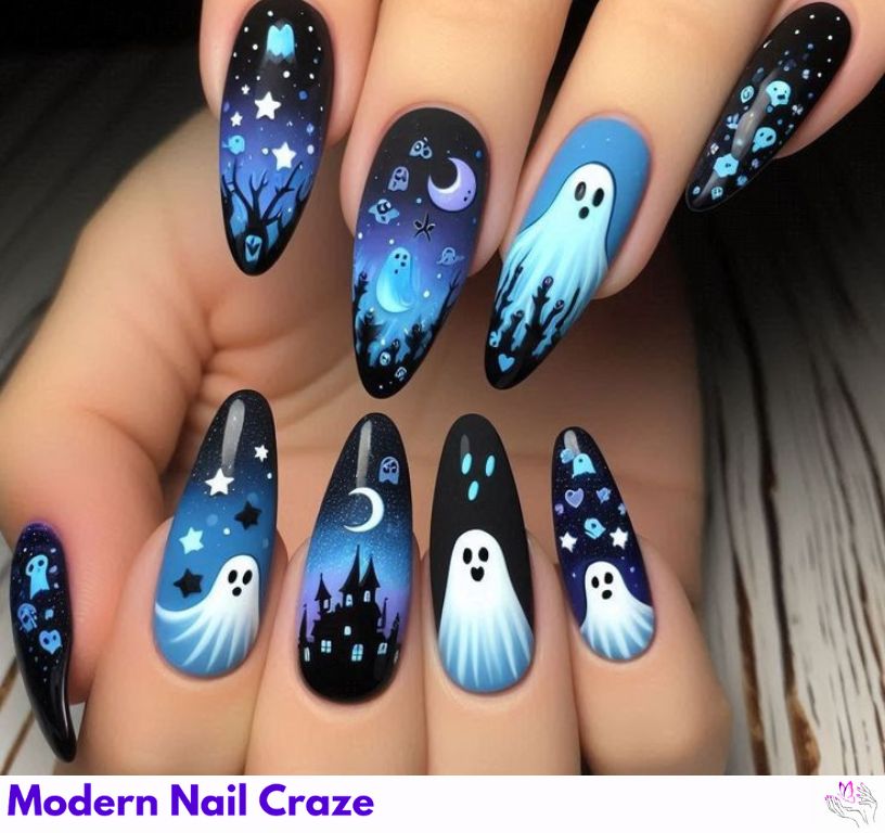 A cute ghost girl nail design featuring a sparkling blue glitter bow, perfect for stylish Halloween nail art.