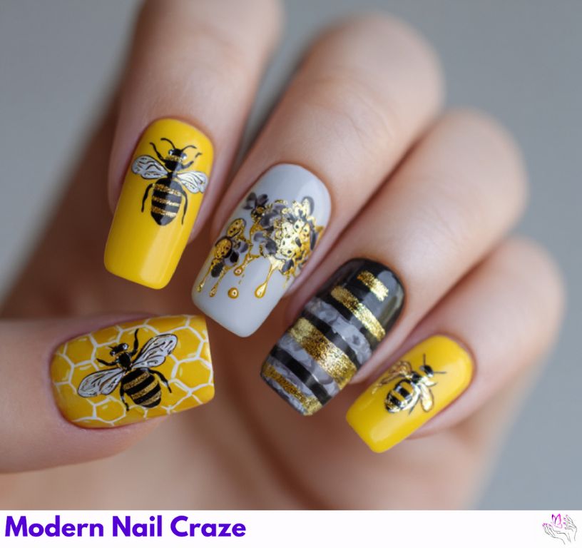 Buzz-worthy bee nail art with yellow stripes and wings.