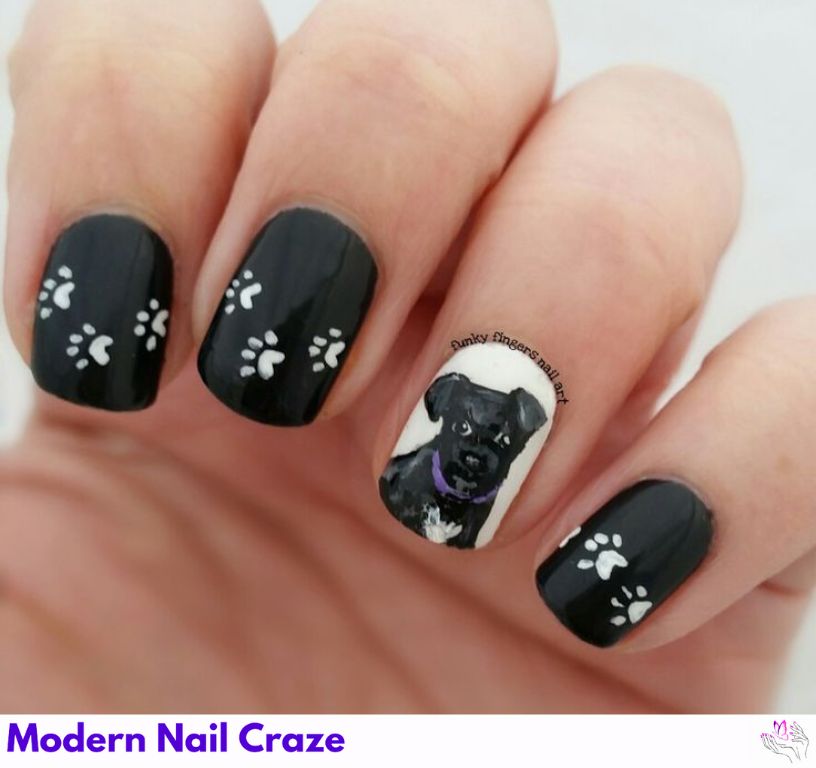 Playful cartoon dog nail designs with expressive features.