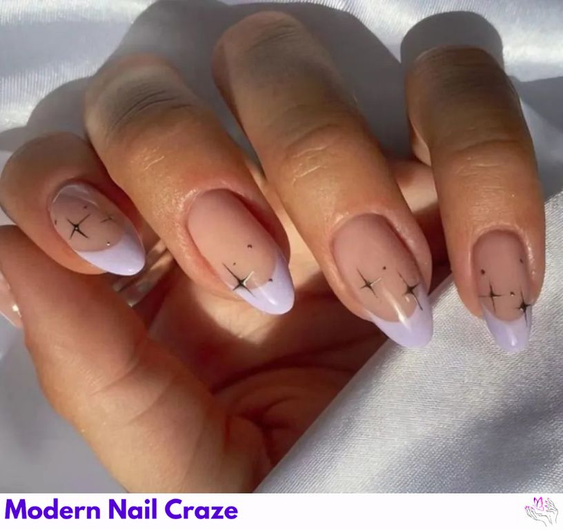Celestial French nail design showing the style, color, and seasonal trend for visual inspiration.