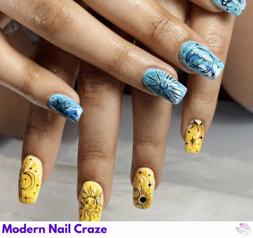 Trending celestial nail art with chrome overlays and ombré galaxy themes