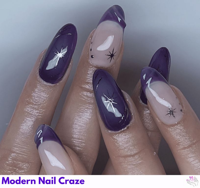 Celestial Starry Purple Nights nail design showing the style, color, and seasonal trend for visual inspiration.