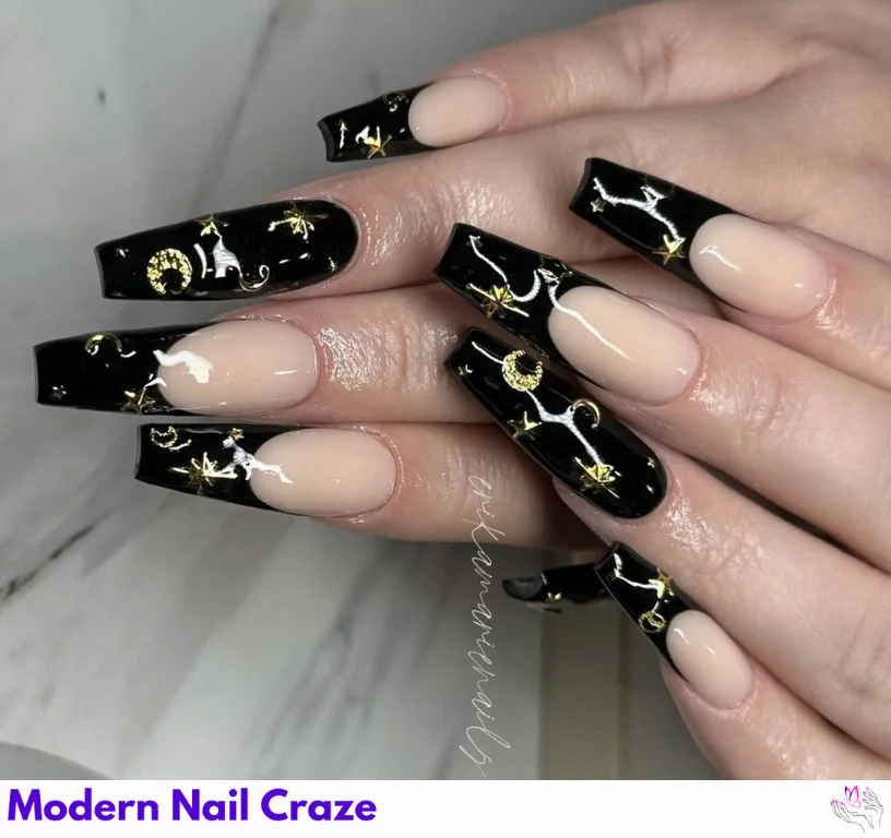 Witch-inspired black nails with zodiac glitter and holographic moons