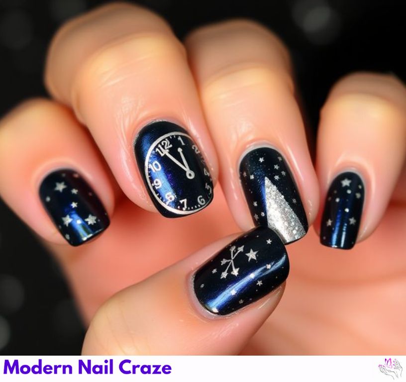 Black and gold nail art featuring mini clock face designs showing midnight for New Year’s.
