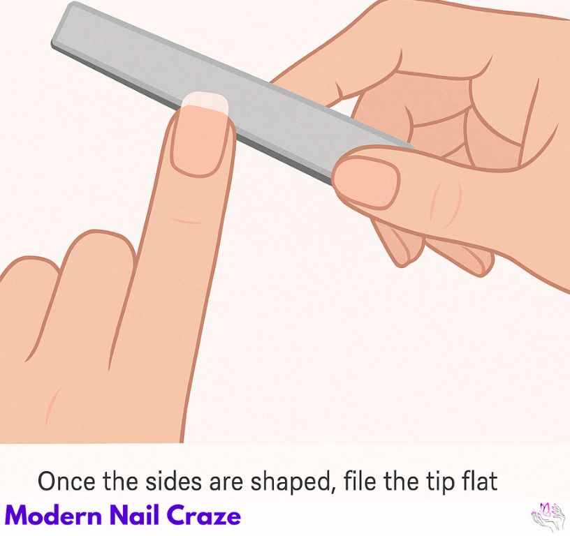 Filing nail tip flat across to form the ballerina nail silhouette.