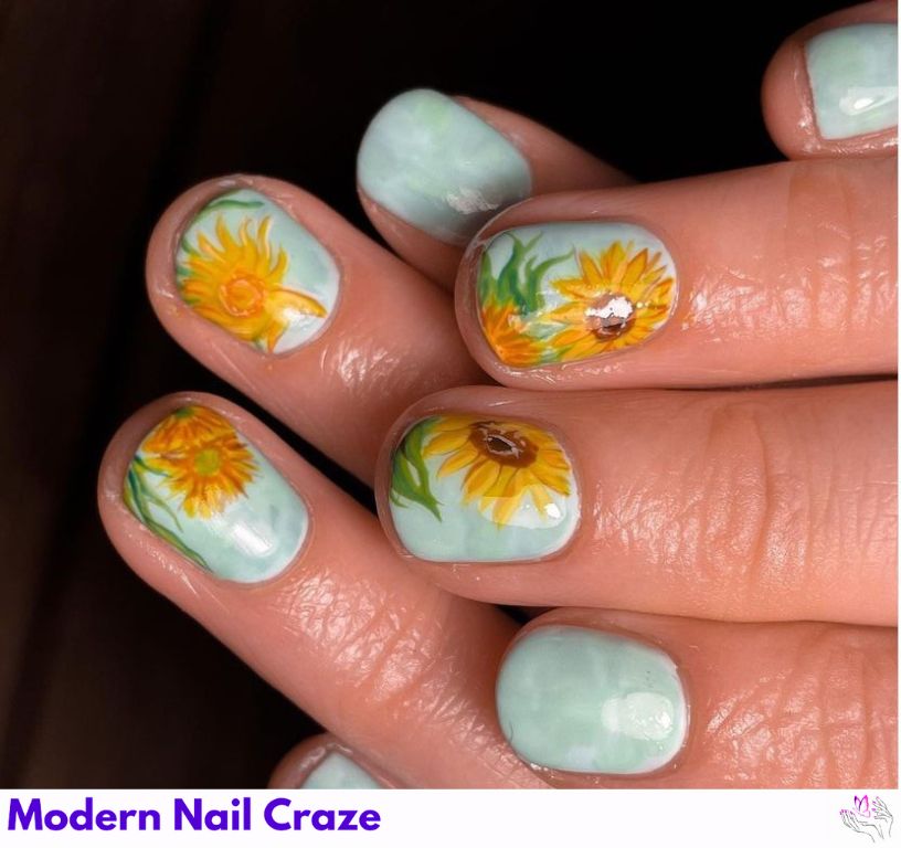 Sunflower nail art featuring earth-tone colors like olive green and mustard yellow