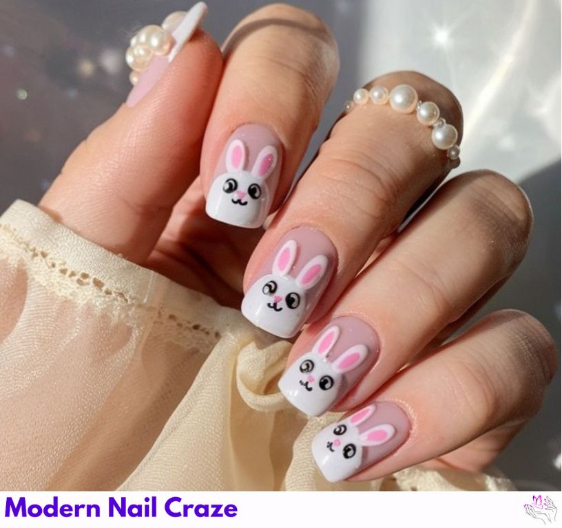 Panda nails with bamboo leaves and blushing cheeks.