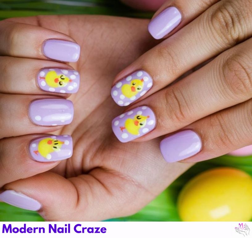 Yellow chick nails with eggshell decorations for spring.