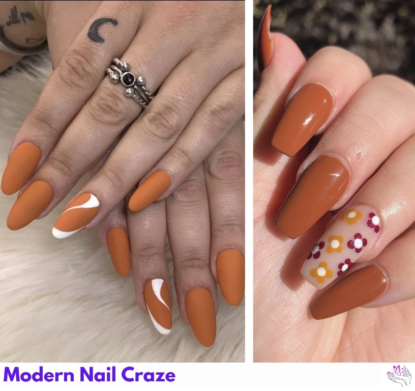 Close-up of trendy fall burnt orange nail designs featuring glossy, matte, ombre, and pumpkin-themed art on medium-length nails — perfect for autumn manicure inspiration