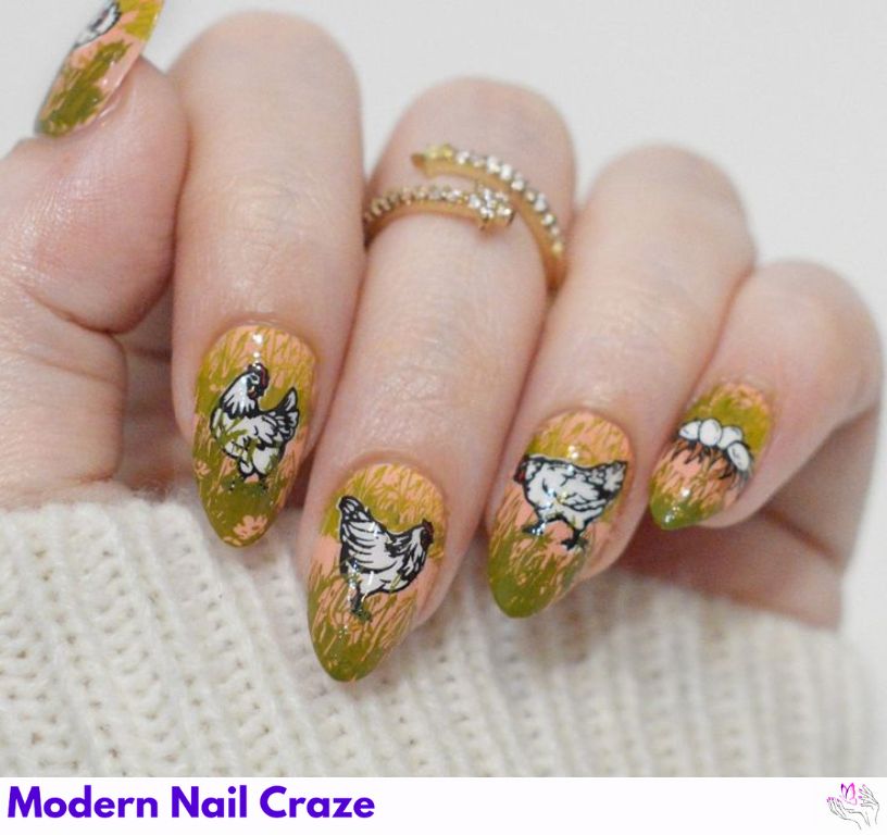 White bunny nail art with a pastel flower background.