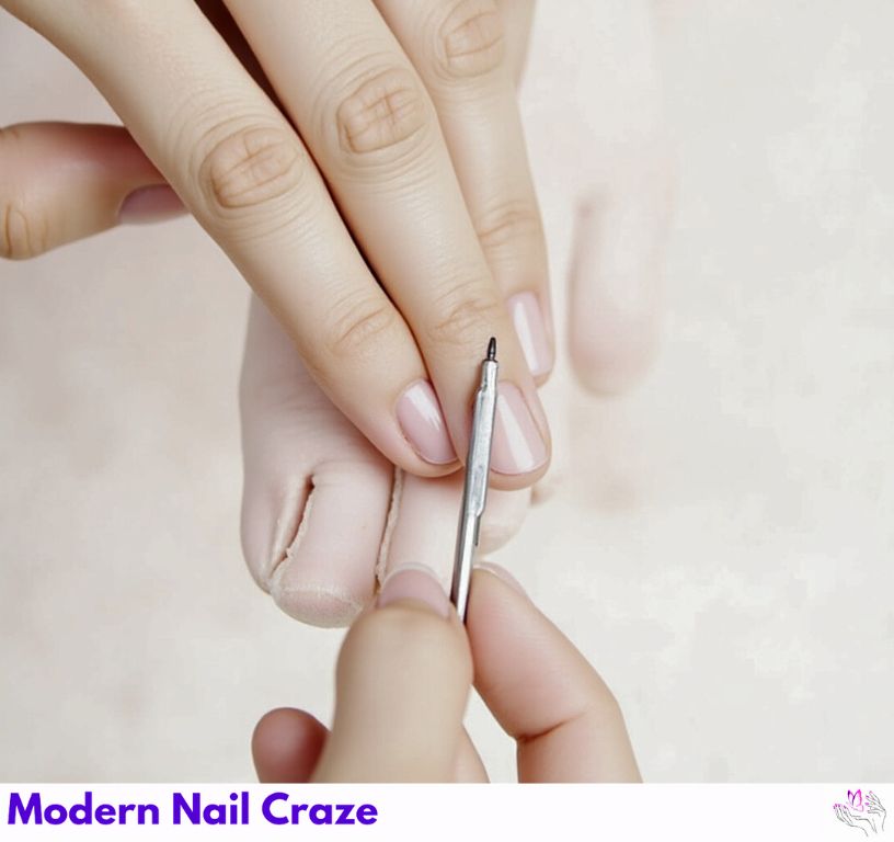 Filing nail sides inward at slight angle for soft ballerina shape taper.