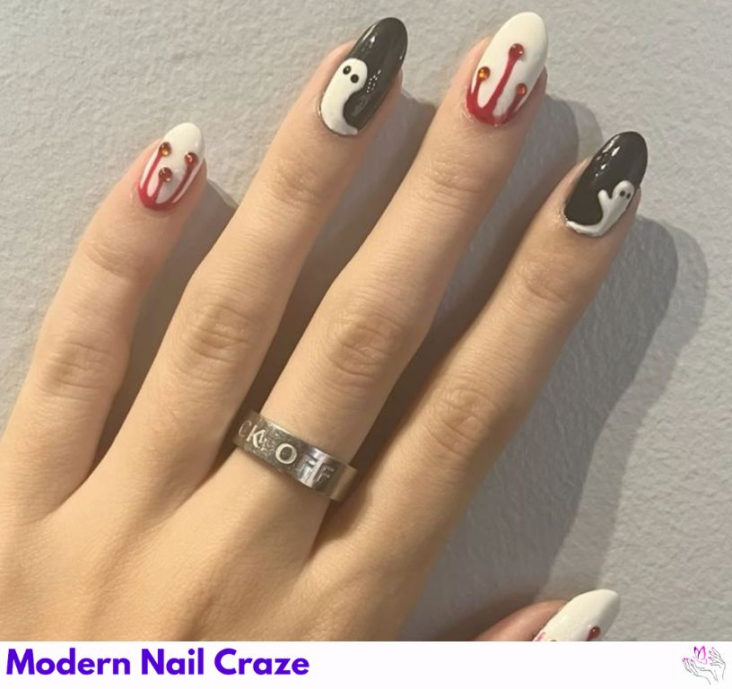 Ghost nail art with red horror blood details