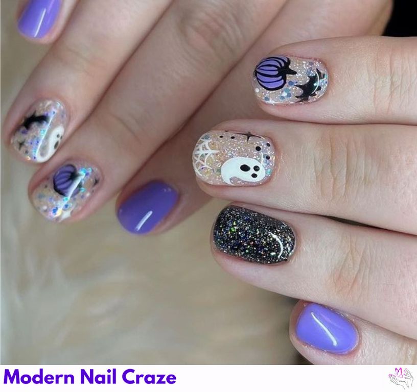 Glitter-Dipped Nails with Tiny Ghost Stickers