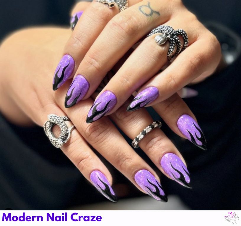 Glittering Purple Flames Nail Art nail design showing the style, color, and seasonal trend for visual inspiration.