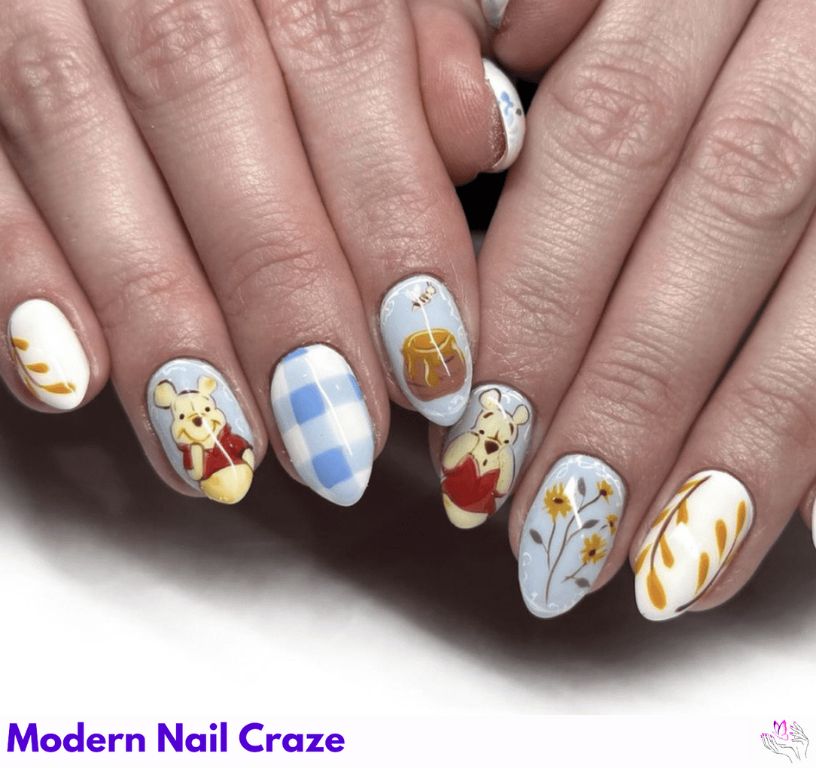 Hand-Painted Pooh Nails – Artisan-painted Pooh flying with balloons and eating honey.
