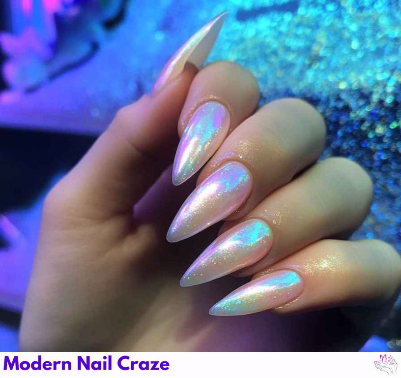 Iridescent opal nails shifting hues, magical finish for modern boho brides.