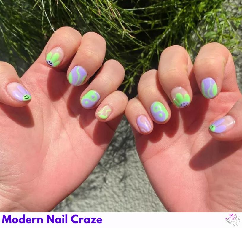 Lavender and Lime Mismatch Nails nail design showing the style, color, and seasonal trend for visual inspiration.