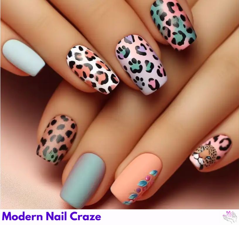 Bold leopard print nail art on short square nails.