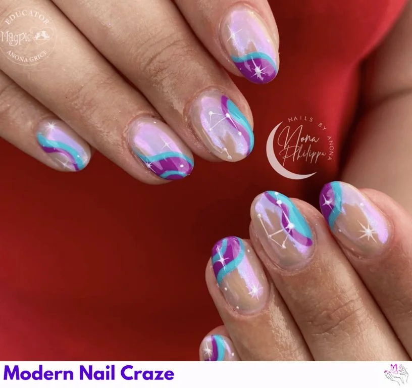 Soft pastel nail art featuring Libra symbols and cosmic elements